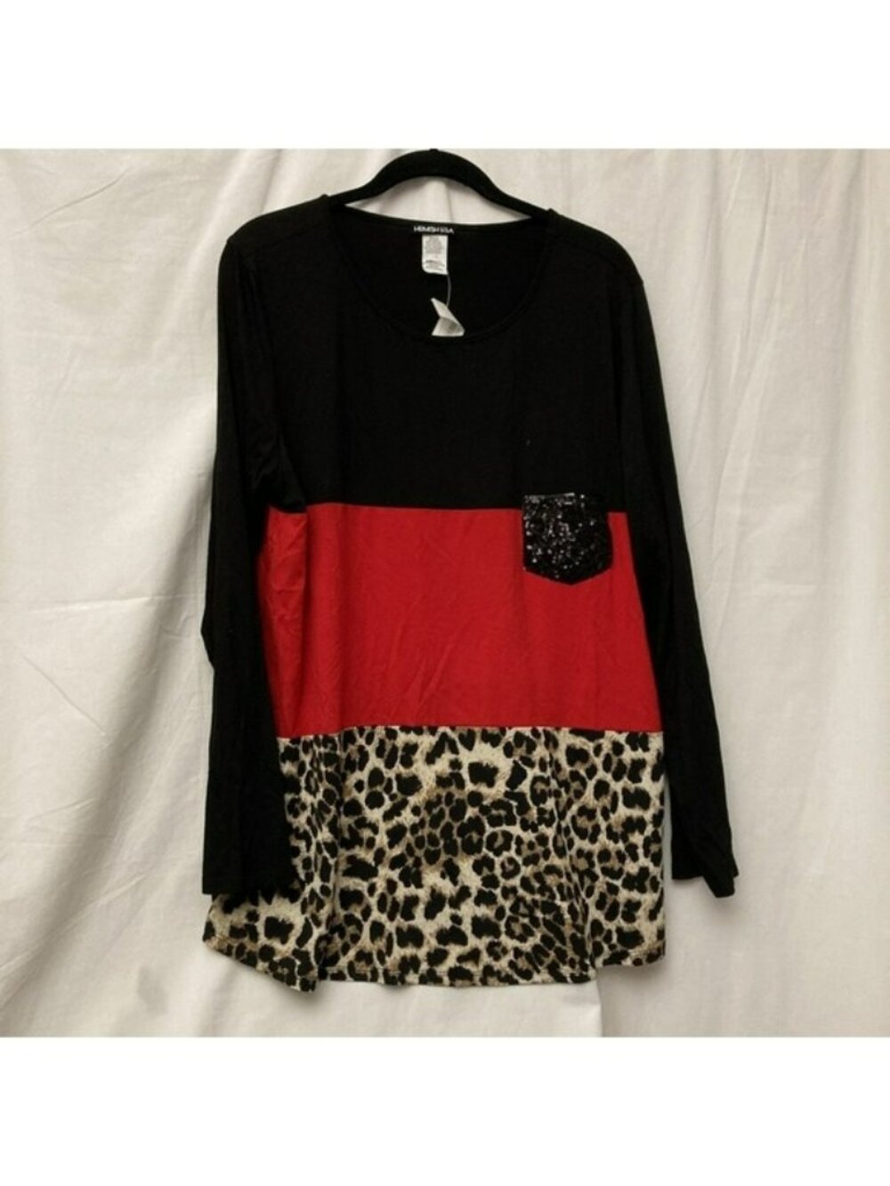 NWT‎ Hemish USA Black, Red & Lepard Long Sleeve Top w/Sequin Pocket - SZ 1XL